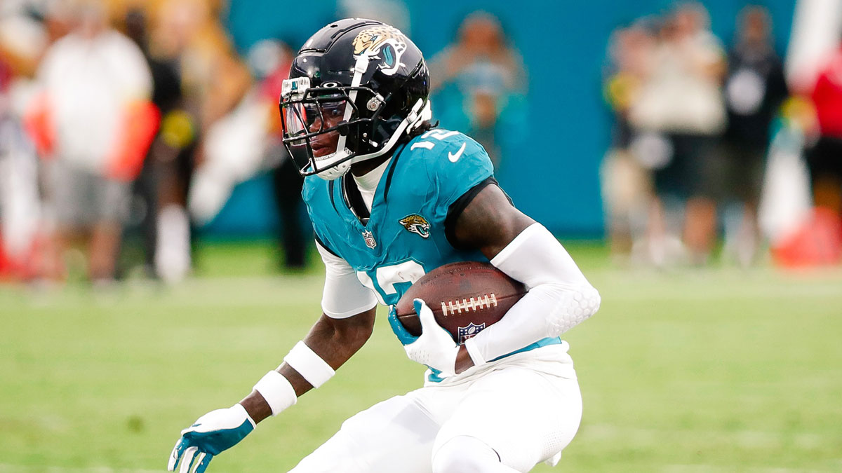 Jacksonville Jaguars wide receiver Travis Hunter (12) runs after a catch against the Pittsburgh Steelers during a preseason game at EverBank Stadium.