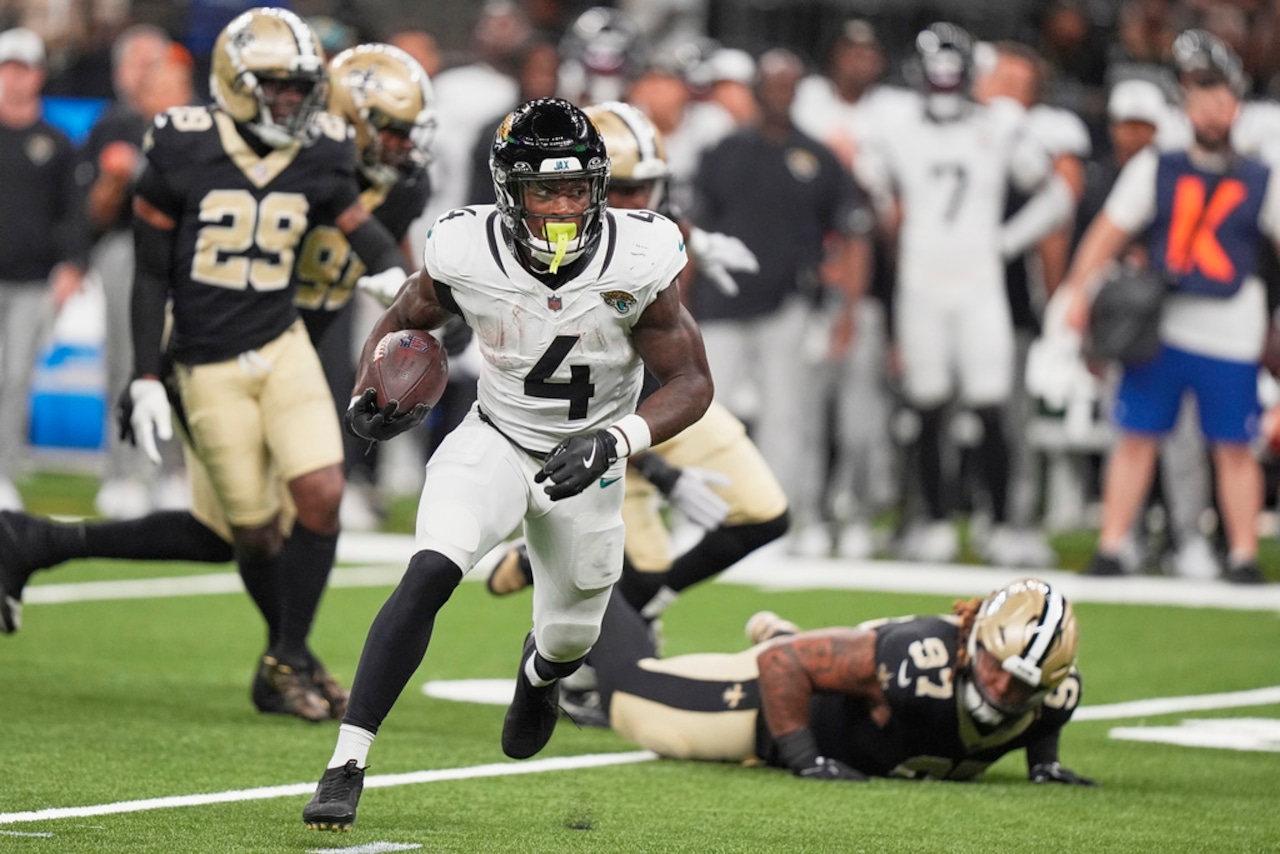 Jacksonville Jaguars running back Tank Bigsby carries the football during an NFL preseason game against the New Orleans Saints on Sunday, Aug. 17, 2025, at Caesars Superdome in New Orleans.