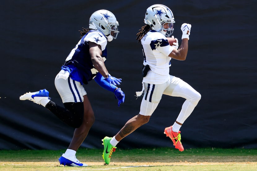 Dallas Cowboys wide receiver KaVontae Turpin (9) is tagged by cornerback Kemon Hall (43)...
