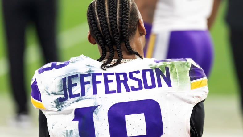 Close-up of Justin Jefferson’s jersey during the Wild Card game.