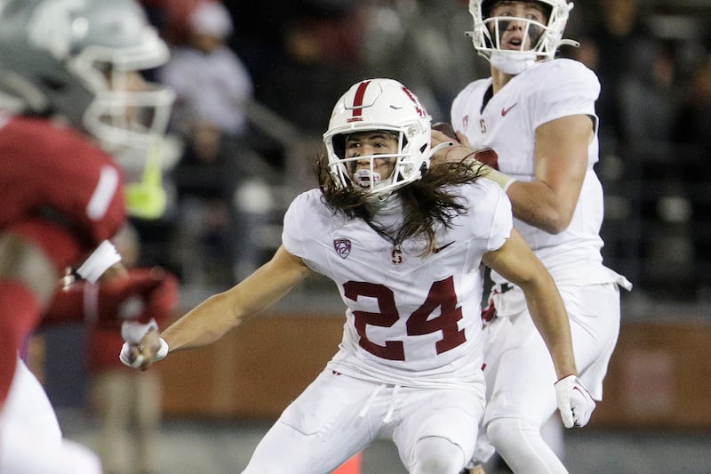Stanford wide receiver Tiger Bachmeier prepares to block during game against Washington State, Saturday, Nov. 4, 2023, in Pullman, Wash.
