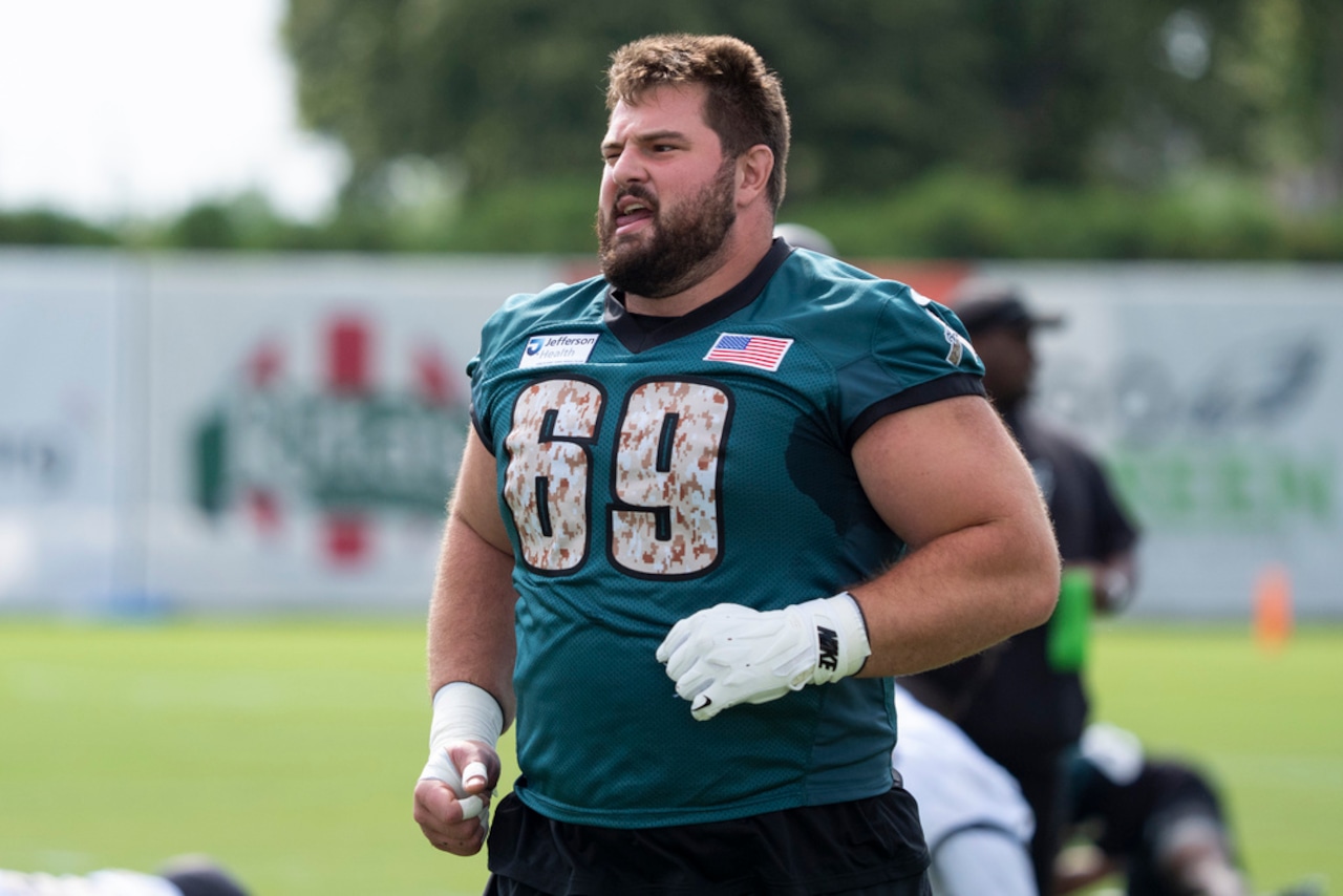 Philadelphia Eagles guard Landon Dickerson works at training camp on July 26, 2025, in Philadelphia.