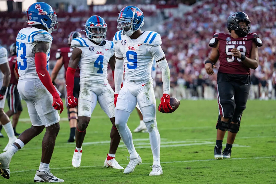 COLUMBIA, SOUTH CAROLINA - OCTOBER 05: Trey Amos #9 of the Mississippi Rebels reacts after making an interception in the fourth quarter during their game against the South Carolina Gamecocks at Williams-Brice Stadium on October 05, 2024 in Columbia, South Carolina. (Photo by Jacob Kupferman/Getty Images)