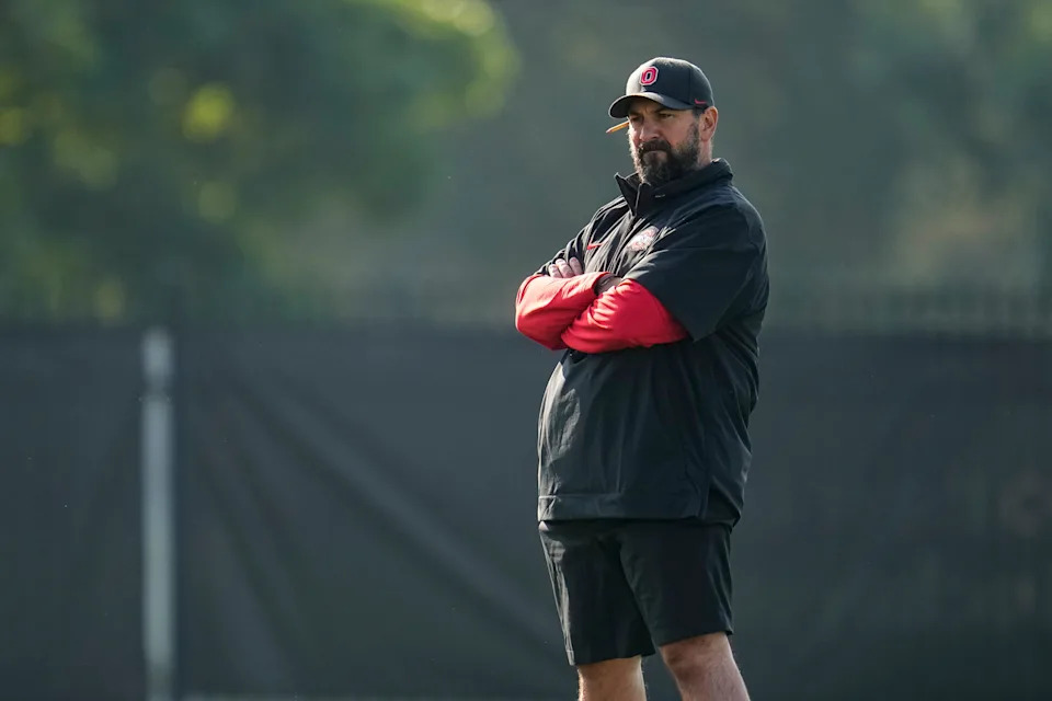 Ohio State Buckeyes defensive coordinator Matt Patricia watches during football training camp at the Woody Hayes Athletic Center on Aug. 1, 2025.
