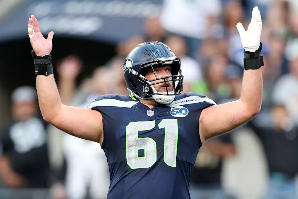 SEATTLE, WASHINGTON - AUGUST 07: Jalen Sundell #61 of the Seattle Seahawks reacts after a touchdown during the NFL Preseason 2025 game between Las Vegas Raiders and Seattle Seahawks at Lumen Field on August 07, 2025 in Seattle, Washington. (Photo by Steph Chambers/Getty Images)