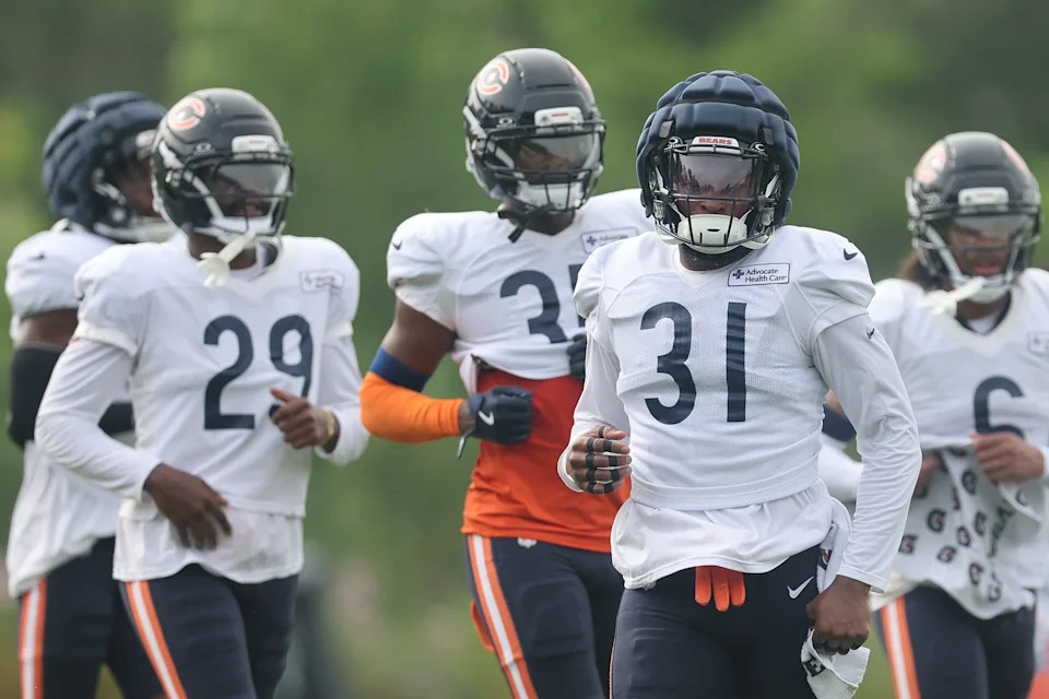 LAKE FOREST, ILLINOIS - JULY 28: Tyrique Stevenson #29 and Kevin Byard III #31 of the Chicago Bears look on during Chicago Bears Training Camp at Halas Hall on July 28, 2025 in Lake Forest, Illinois. (Photo by Michael Reaves/Getty Images)