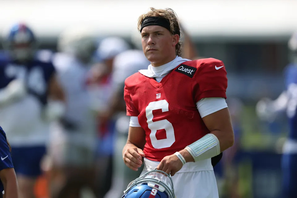 Aug 4, 2025; East Rutherford, NJ, USA; New York Giants quarterback Jaxson Dart (6) on the field during training camp at Quest Diagnostics Training Center. Mandatory Credit: Vincent Carchietta-Imagn ImagesVincent Carchietta-Imagn Images&period;