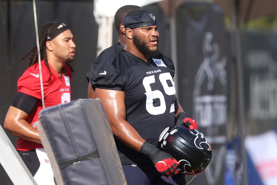 Jul 23, 2025; Houston, TX, USA; Houston Texans guard Ed Ingram (69) during training camp at Houston Methodist Training Center. Mandatory Credit: Troy Taormina-Imagn Images