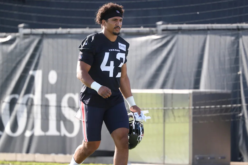 Jul 23, 2025; Houston, TX, USA; Houston Texans full back Jakob Johnson (43) during training camp at Houston Methodist Training Center. Mandatory Credit: Troy Taormina-Imagn Images