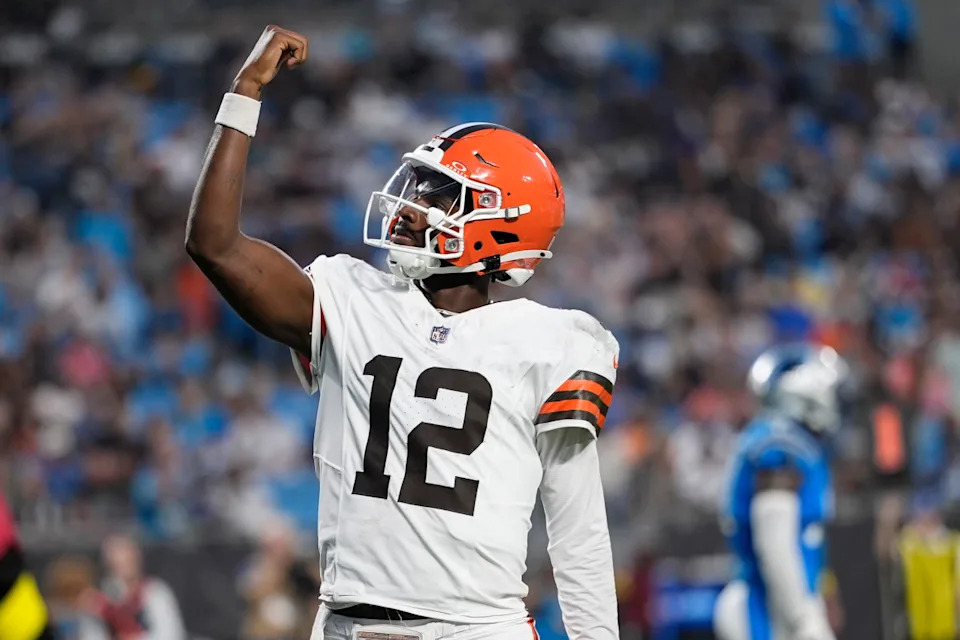 Aug 8, 2025; Charlotte, North Carolina, USA; Cleveland Browns quarterback Shedeur Sanders (12) celebrates his touchdown pass against the Carolina Panthers during the second quarter at Bank of America Stadium.Jim Dedmon-Imagn Images&period;