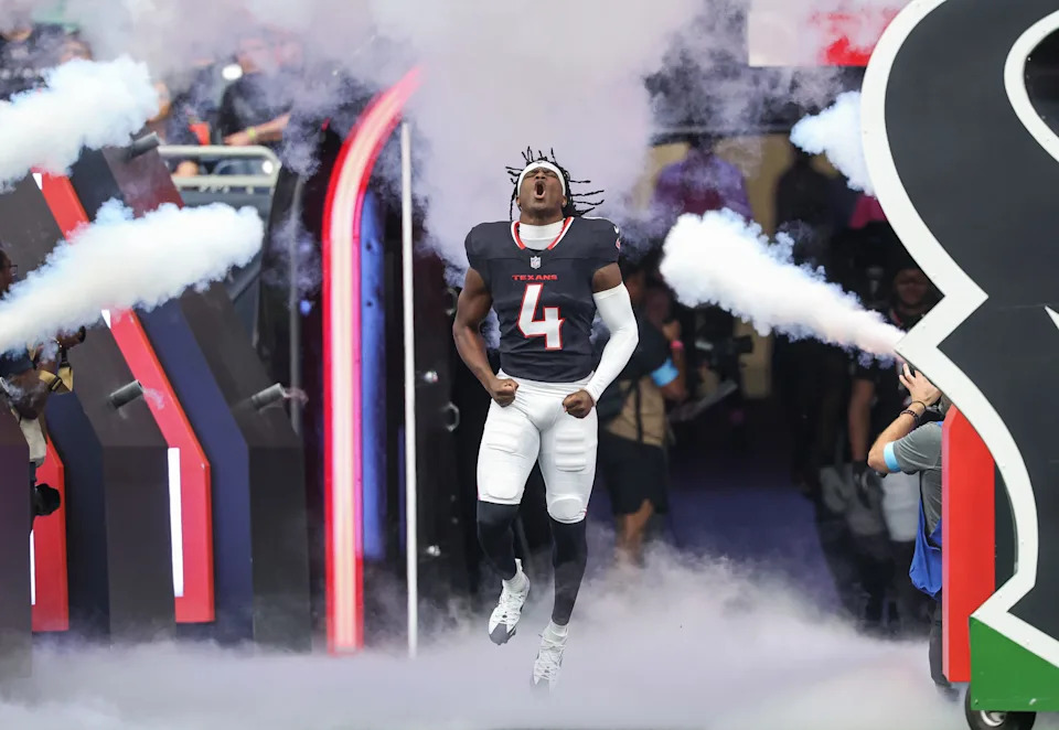 Oct 27, 2024; Houston, Texas, USA; Houston Texans cornerback Kamari Lassiter (4) runs onto the field before the game against the Indianapolis Colts at NRG Stadium. Mandatory Credit: Troy Taormina-Imagn Images