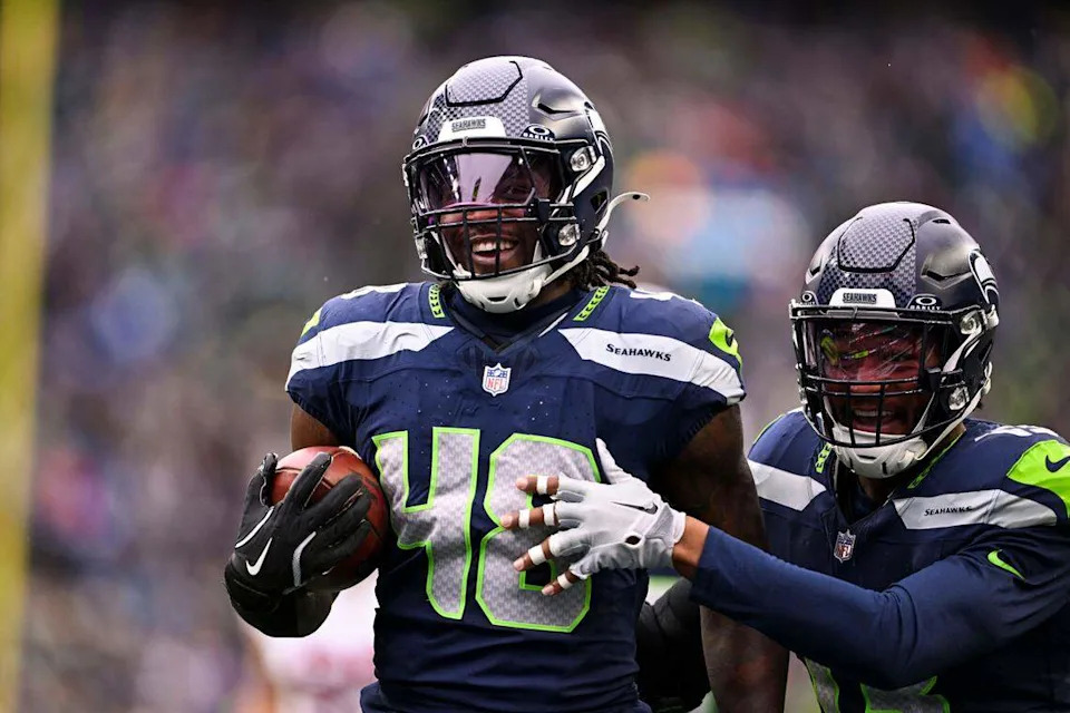 Seattle Seahawks linebacker Tyrice Knight (48) reacts to running in a touchdown off an interception, that was ruled incomplete after a review, during the first quarter of the game against the Arizona Cardinals at Lumen Field, on Sunday, Nov. 24, 2024, in Seattle, Wash.
