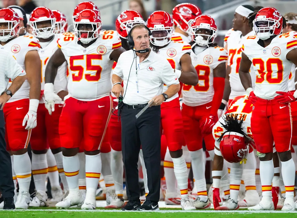 Aug 9, 2025; Glendale, Arizona, USA; Kansas City Chiefs defensive coordinator Steve Spagnuolo against the Arizona Cardinals during a preseason NFL game at State Farm Stadium. Mandatory Credit: Mark J. Rebilas-Imagn Images