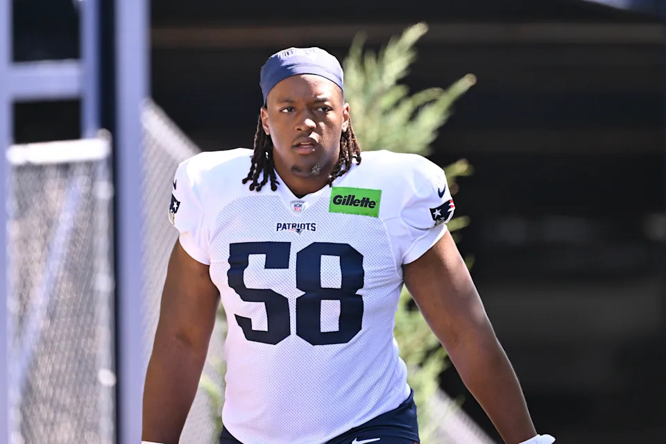 Jul 28, 2025; Foxborough, MA, USA; New England Patriots center Jared Wilson (58) heads to the practice fields for training camp at Gillette Stadium. Mandatory Credit: Eric Canha-Imagn Images