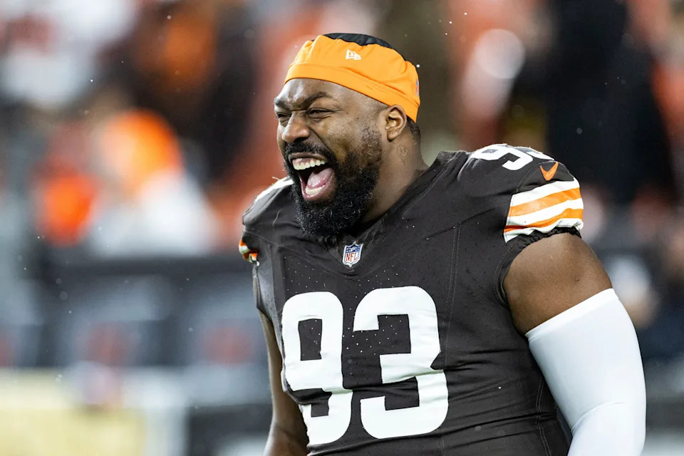 Nov 21, 2024; Cleveland, Ohio, USA; Cleveland Browns defensive tackle Shelby Harris (93) laughs with teammates during warm ups before the game against the Pittsburgh Steelers at Huntington Bank Field Stadium. Mandatory Credit: Scott Galvin-Imagn Images