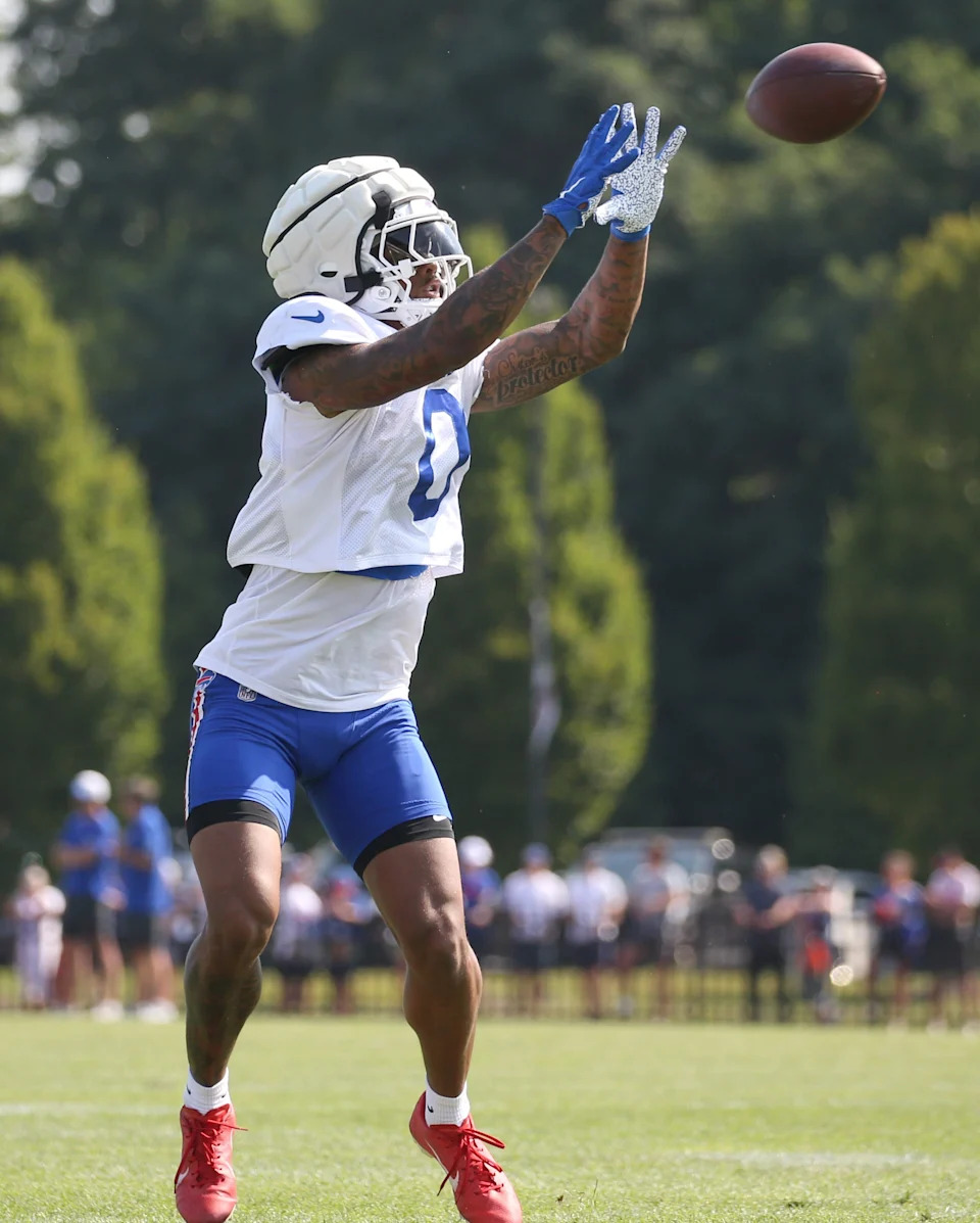 Bills wide receiver Keon Coleman pulls in a pass during day six of Buffalo Bills training camp at St. John Fisher University Tuesday, July 29, 2025 in Pittsford, NY.