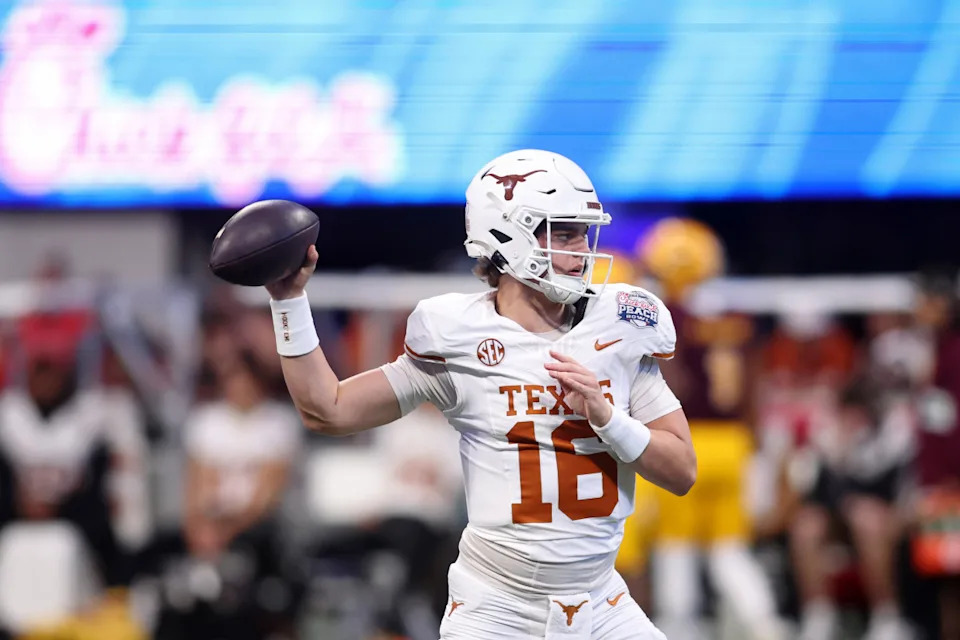 Jan 1, 2025; Atlanta, GA, USA; Texas Longhorns quarterback Arch Manning (16) warms up before the Peach Bowl at Mercedes-Benz Stadium. © Brett Davis-Imagn Images