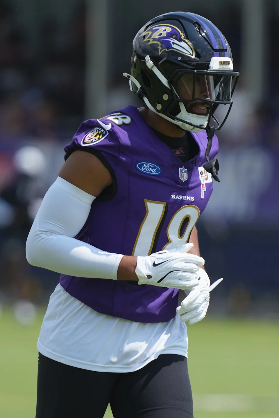 Jul 23, 2025; Owings Mills, MD, USA; Baltimore Ravens wide receiver Keith Kirkwood (18) during training camp at the Under Armour Performance Center. Mandatory Credit: Mitch Stringer-Imagn Images