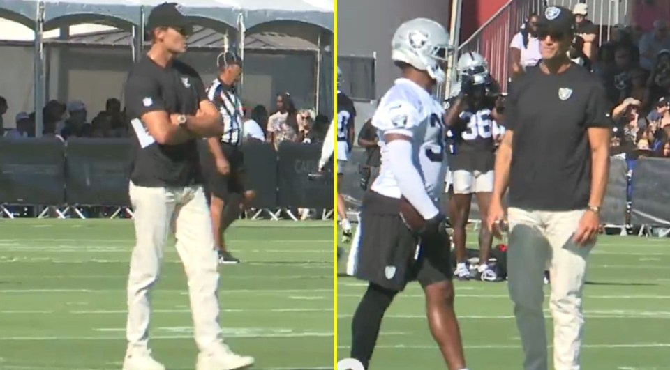 Brady was kitted out in a Raiders cap and t-shirt as he chatted with players and oversaw the practice session