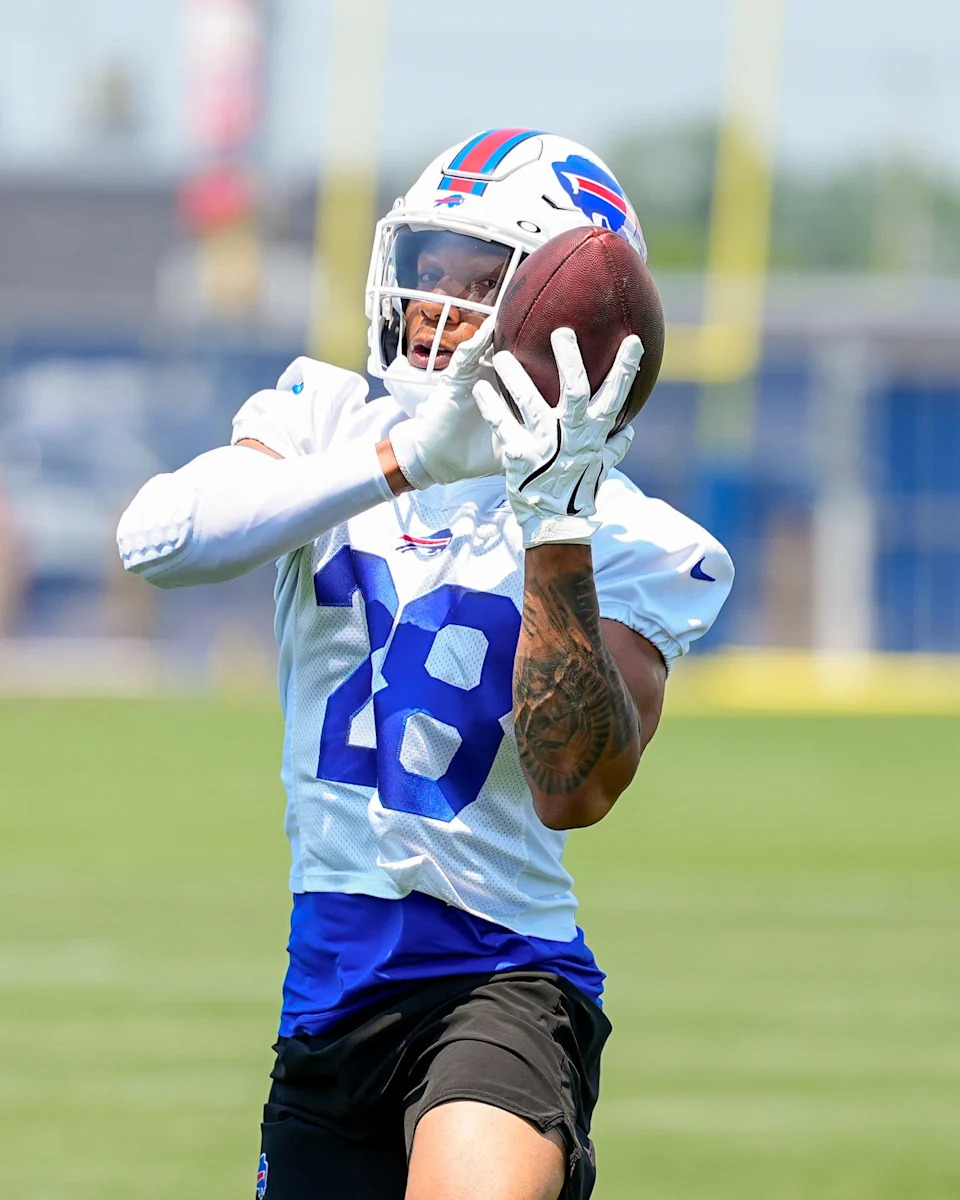 Jun 11, 2025; Orchard Park, NY, USA; Buffalo Bills safety Darrick Forrest (28) makes a catch during Minicamp at Highmark Stadium. Mandatory Credit: Gregory Fisher-Imagn Images