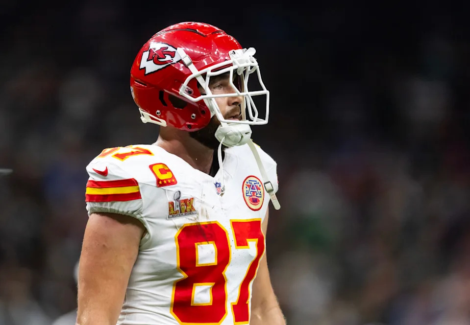 Feb 9, 2025; New Orleans, LA, USA; Kansas City Chiefs tight end Travis Kelce (87) against the Philadelphia Eagles in Super Bowl LIX at Ceasars Superdome.Mark J. Rebilas-Imagn Images.