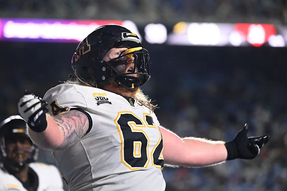 Sep 9, 2023; Chapel Hill, North Carolina, USA; Appalachian State Mountaineers offensive lineman Bucky Williams (62) reacts in the first overtime at Kenan Memorial Stadium. Mandatory Credit: Bob Donnan-USA TODAY Sports