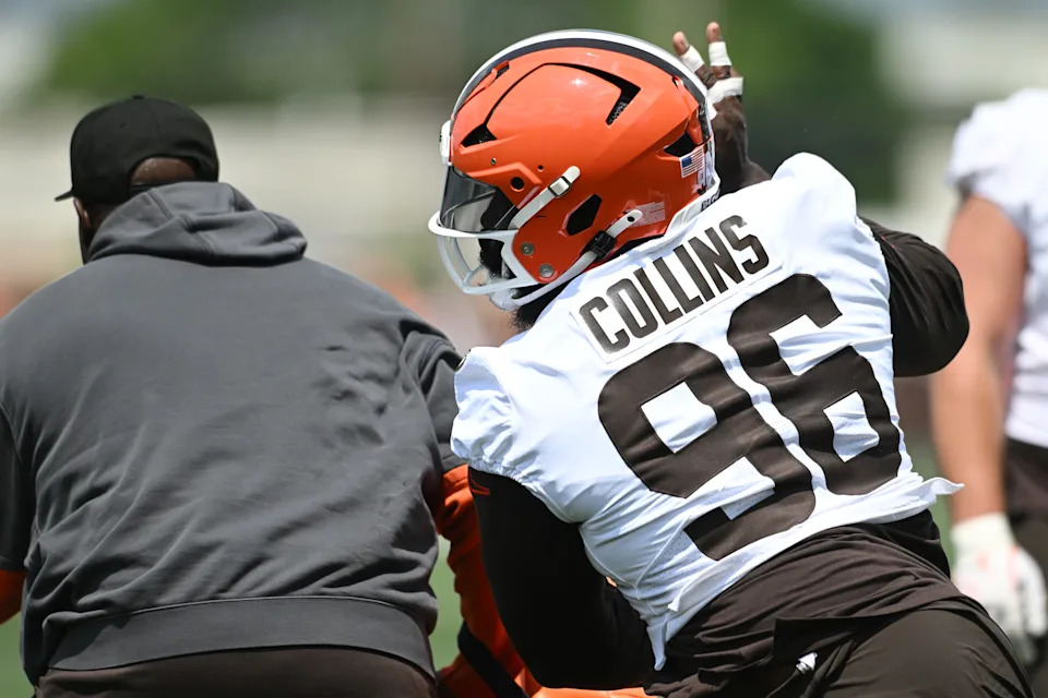 Jun 10, 2025; Berea, OH, USA; Cleveland Browns defensive tackle Maliek Collins (96) runs a drill during minicamp at CrossCountry Mortgage Campus. Mandatory Credit: Ken Blaze-Imagn Images