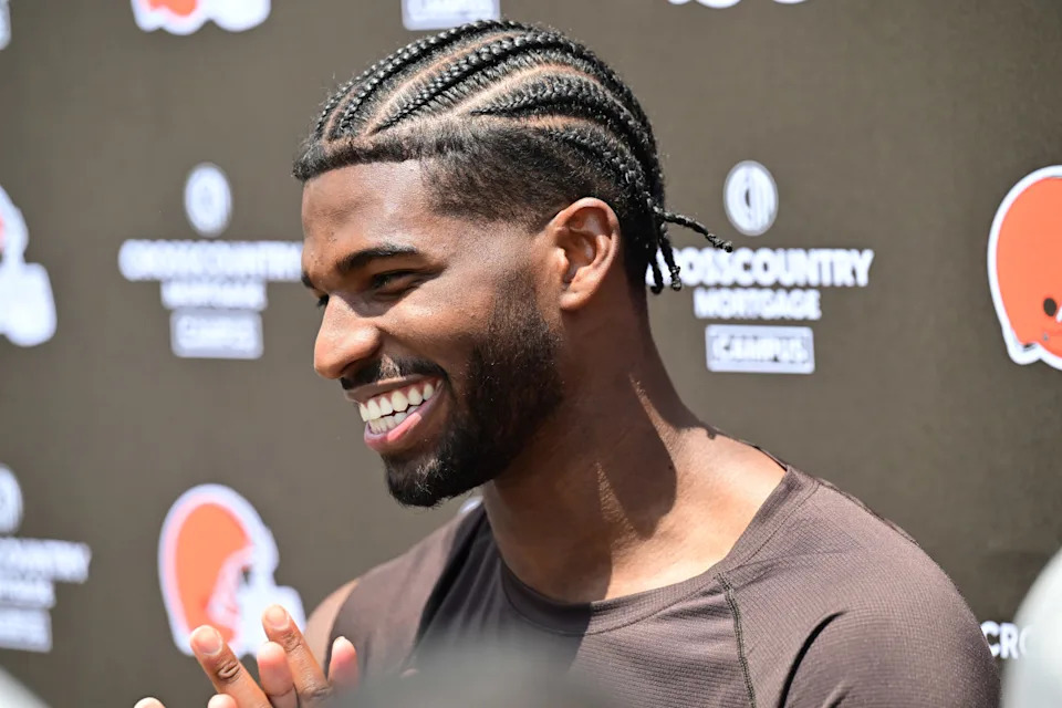 Jun 10, 2025; Berea, OH, USA; Cleveland Browns quarterback Shedeur Sanders (12) talk to the media during minicamp at CrossCountry Mortgage Campus. Mandatory Credit: Ken Blaze-Imagn Images© Ken Blaze-Imagn Images