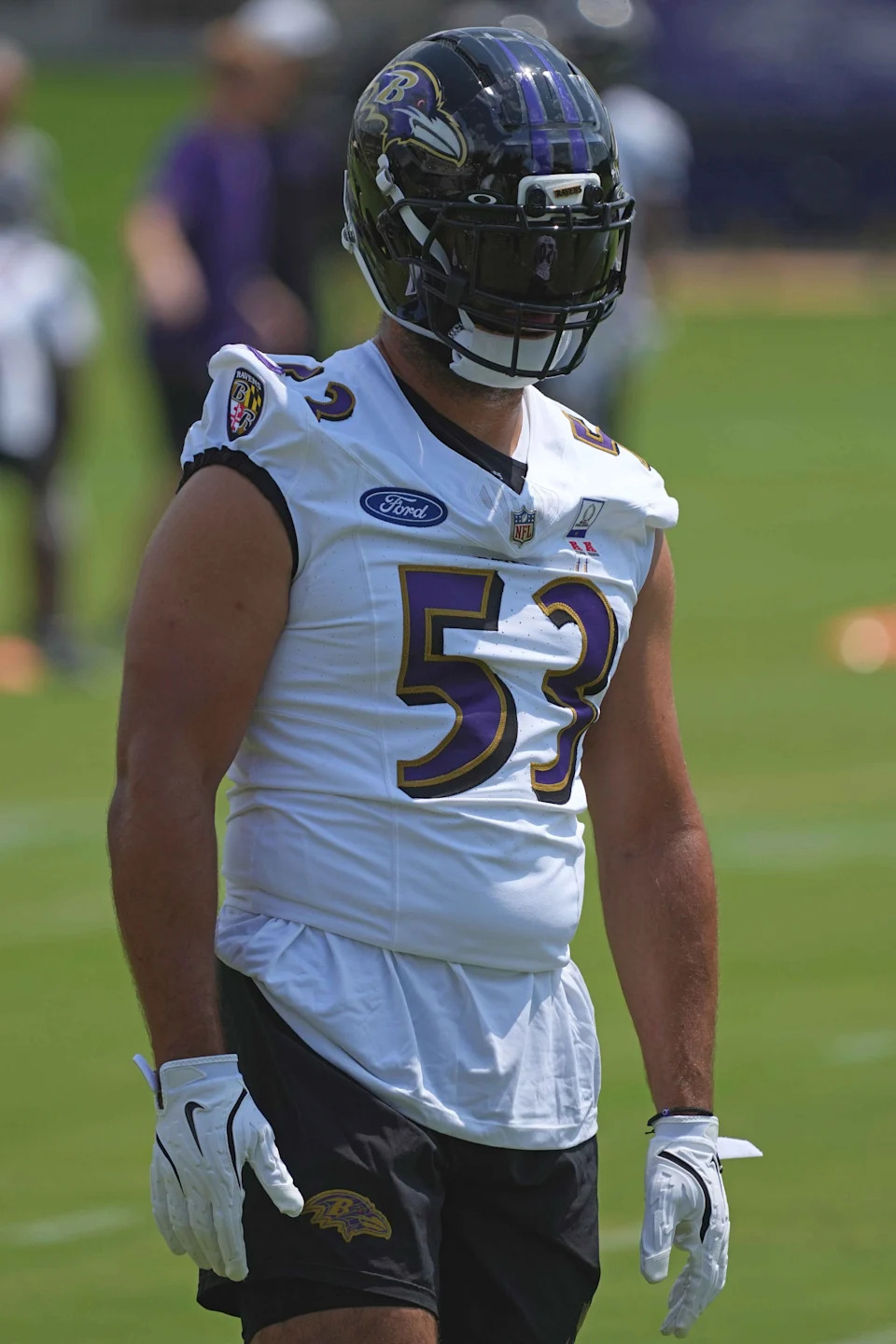 Jul 23, 2025; Owings Mills, MD, USA; Baltimore Ravens linebacker Kyle Van Noy (53) warms up during training camp at Under Armour Performance Center. Mandatory Credit: Mitch Stringer-Imagn Images
