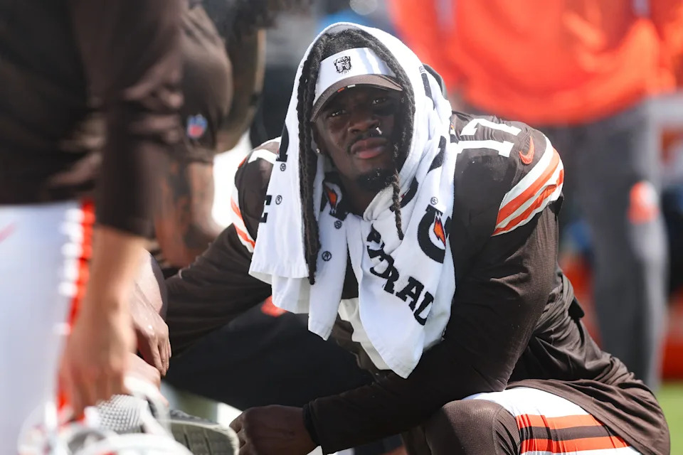 Aug 16, 2025; Philadelphia, Pennsylvania, USA; Cleveland Browns linebacker Jerome Baker (17) looks on against the Philadelphia Eagles at Lincoln Financial Field. Mandatory Credit: Bill Streicher-Imagn Images