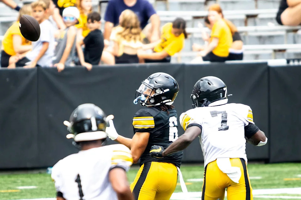 Aug 9, 2025; Iowa wide receiver Seth Anderson (6) catches a pass during the Hawkeyes Kids Day NCAA football open practice at Kinnick Stadium in Iowa City, Iowa. Mandatory Credit: Joseph Cress for the Des Moines Register