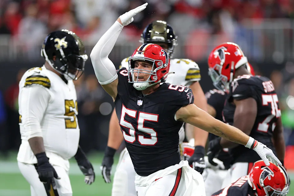 ATLANTA, GEORGIA - NOVEMBER 26: Kaden Elliss #55 of the Atlanta Falcons reacts after making a tackle in the second quarter of the game against the Atlanta Falcons at Mercedes-Benz Stadium on November 26, 2023 in Atlanta, Georgia. (Photo by Kevin C. Cox/Getty Images)