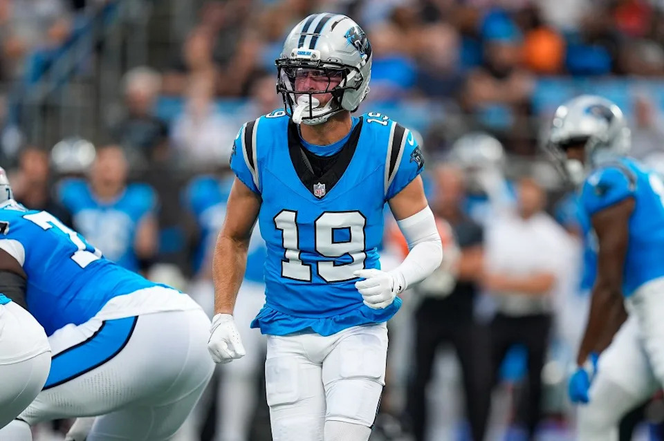 Carolina Panthers wide receiver Adam Thielen (19) goes in motion against the Cleveland Browns during the first quarter at Bank of America Stadium. Jim Dedmon-Imagn Images