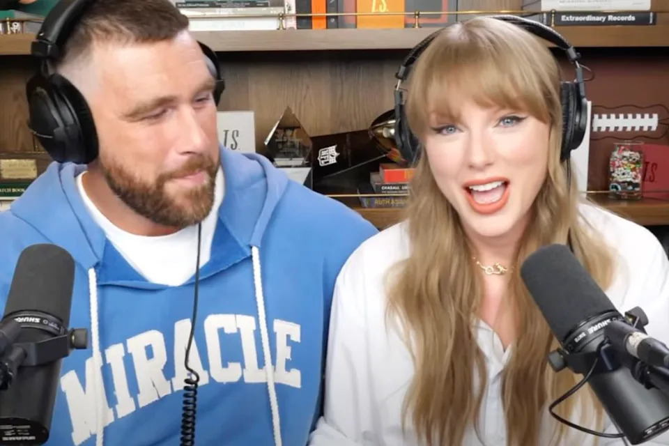 Taylor Swift and Travis Kelce with the podcast.New Heights&period;