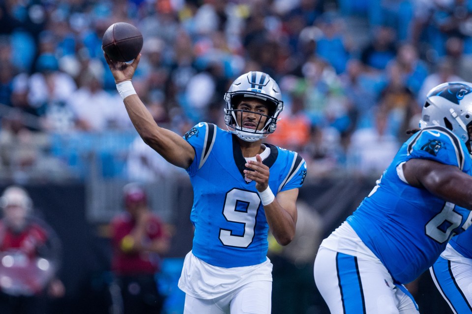 Carolina Panthers quarterback Bryce Young throwing a football.