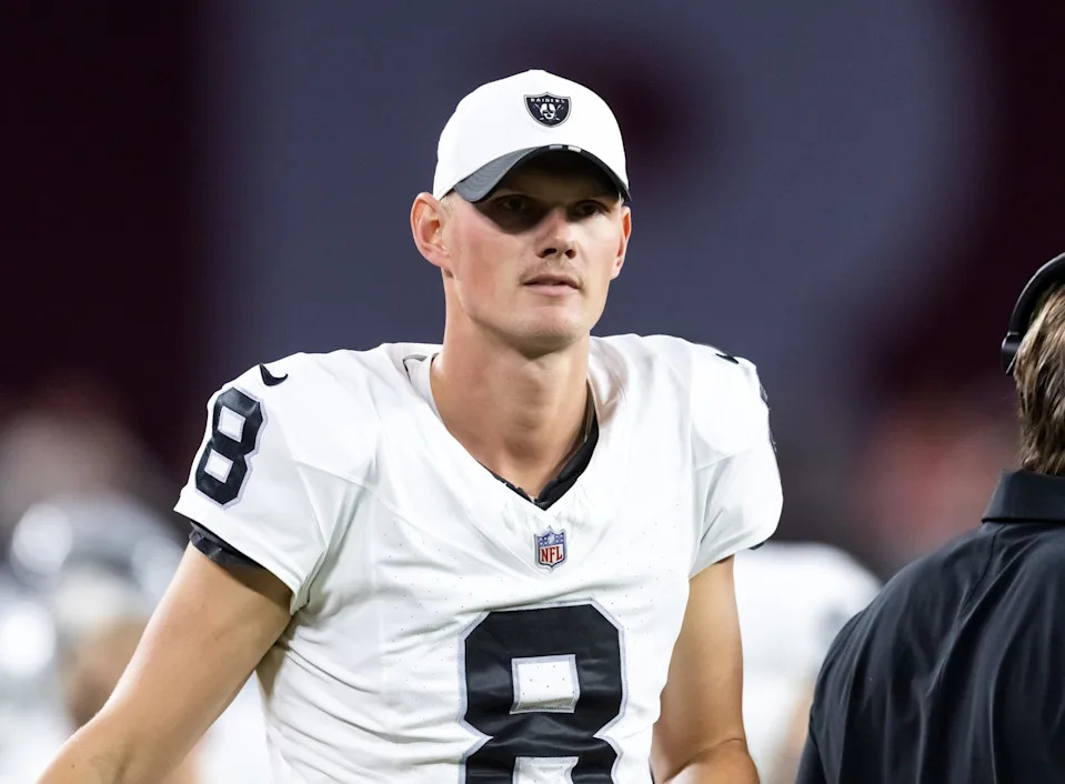 Aug 23, 2025; Glendale, Arizona, USA; Las Vegas Raiders kicker Daniel Carlson (8) against the Arizona Cardinals during a preseason NFL game at State Farm Stadium. Mandatory Credit: Mark J. Rebilas-Imagn Images