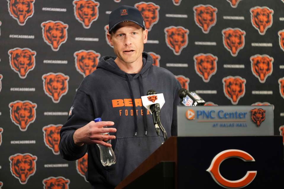Chicago Bears head coach Ben Johnson talks to media members after the NFL football team's rookie camp in Lake Forest, Ill., Friday, May 9, 2025. (AP Photo/Nam Y. Huh)
