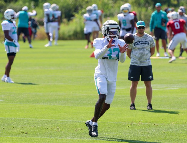 Dolphins cornerback Jason Marshall Jr. catches a pass during a joint practice with the Bears at Halas Hall on Aug. 8, 2025, in Lake Forest. (Stacey Wescott/Chicago Tribune)