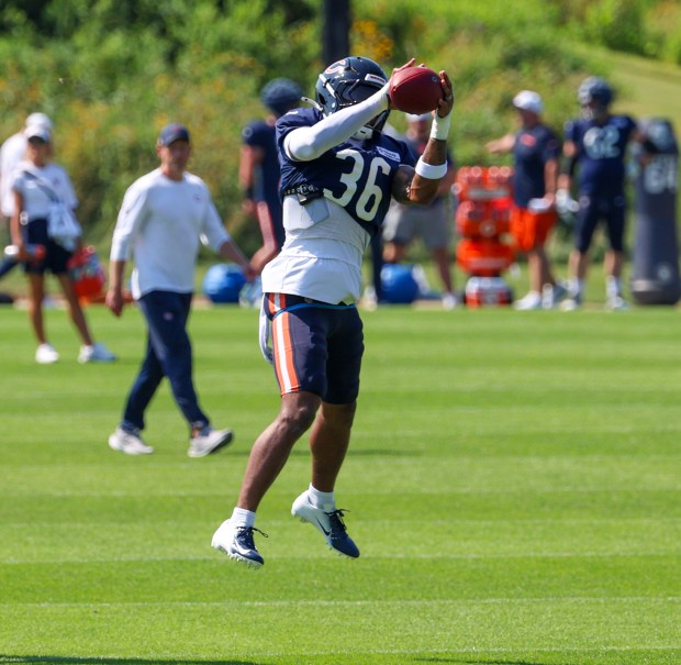 Bears safety Jonathan Owens catches a ball during an interception drill at a joint practice with the Dolphins at Halas Hall on Aug. 8, 2025, in Lake Forest. (Stacey Wescott/Chicago Tribune)