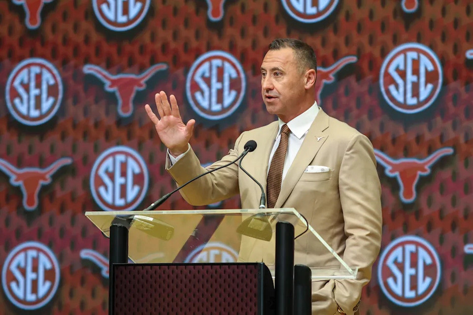 Jul 15, 2025; Atlanta, GA, USA; Texas Longhorns head coach Steve Sarkisan talks to the media during SEC Media Days at Omni Atlanta Hotel. Mandatory Credit: Jordan Godfree-Imagn Images