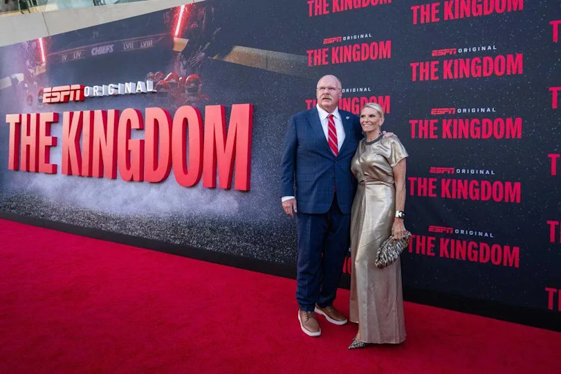 Kansas City Chiefs head coach Andy Reid with his wife, Tammy, on the red carpet before the special screening of the ESPN six-part series ‘The Kingdom,’ on Sunday, Aug. 24, 2025, in Kansas City.