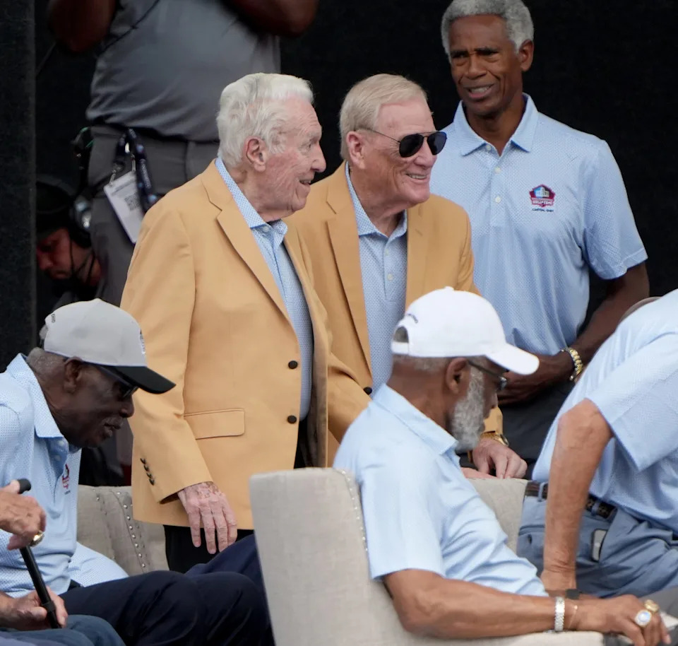 Hall of Famer Marv Levy is recognized for his 100th birthday during the 2025 Pro Football Hall of Fame Enshrinement at Tom Benson Hall of Fame in Canton. August 02, 2025.