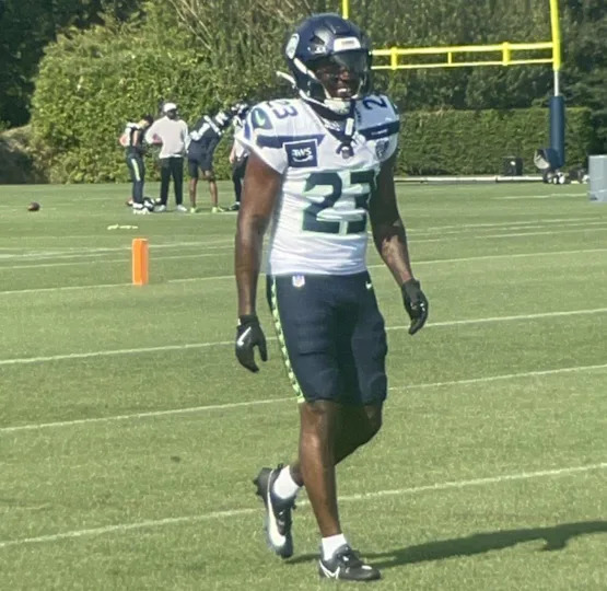 New Seahawks safety D’Anthony Bell during special-teams drills at the eighth practice of Seattle’s NFL training camp July 31, 2025, and the Virginia Mason Athletic Center in Renton.