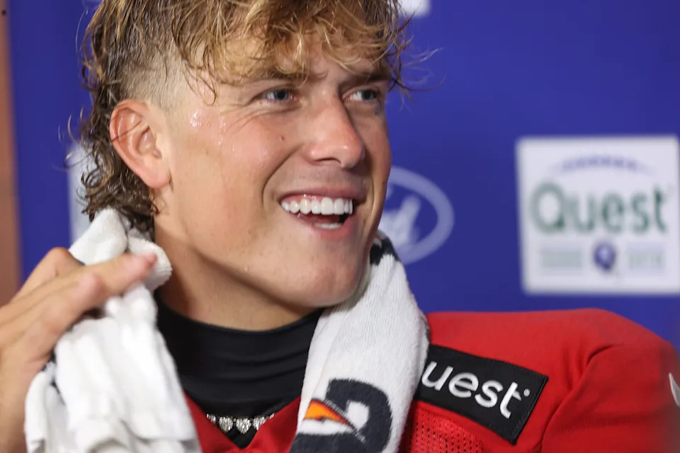 New York Giants rookie quarterback Jaxson Dart speaks to the media after a joint training camp practice with the New York Jets, Wednesday, August 13, 2025, in East Rutherford, N.J.