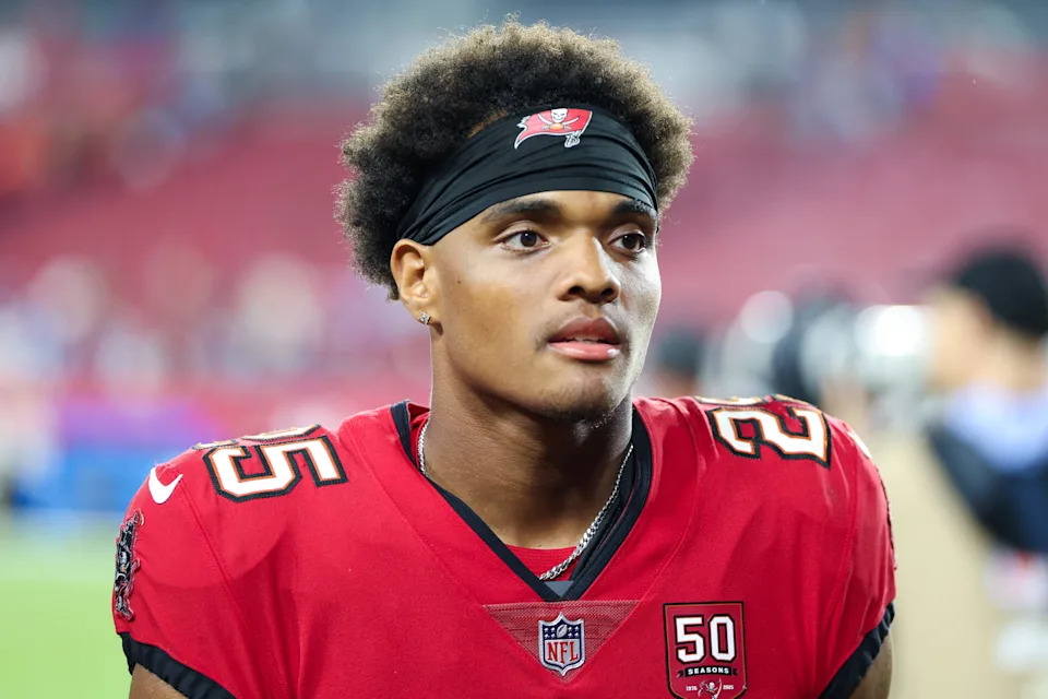 Aug 9, 2025; Tampa, Florida, USA; Tampa Bay Buccaneers cornerback Jacob Parrish (25) looks on after a preseason game against the Tennessee Titans at Raymond James Stadium. Mandatory Credit: Nathan Ray Seebeck-Imagn Images