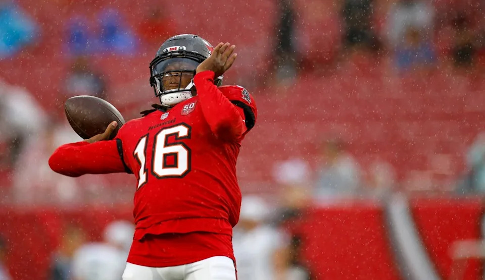 Quarterback Teddy Bridgewater warms up during the NFL Preseason 2025 game between the Tennessee Titans and the Tampa Bay Buccaneers at Raymond James Stadium on August 09, 2025. Getty Images