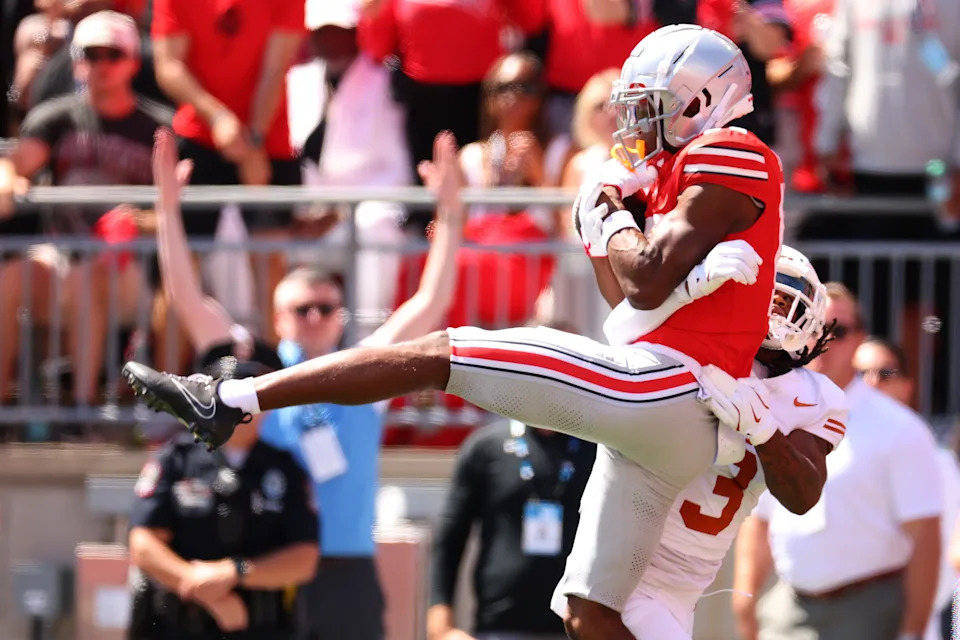 Carnell Tate is yet another coveted Ohio State wide receiver in the NFL Draft pipeline. (Photo by Gregory Shamus/Getty Images)