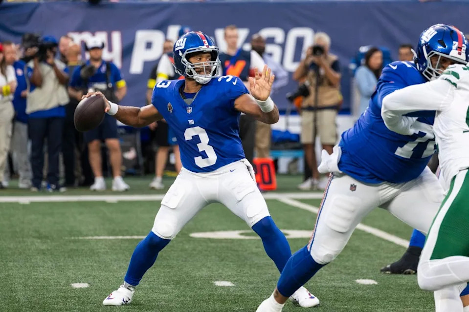 Russell Wilson makes a throw during the Giants’ preseason game against the Jets on Aug. 16. Corey Sipkin for the NY Post