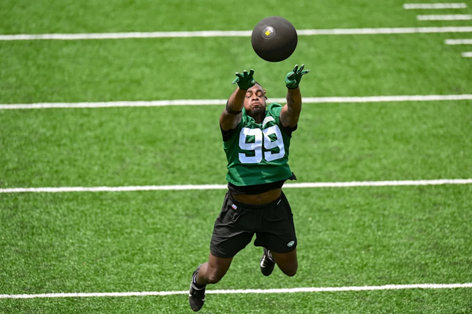 May 23, 2023; Florham Park, NJ, USA; New York Jets linebacker Will McDonald IV (99) practices a drill during OTA’s at Atlantic Health Jets Training Center. Mandatory Credit: Jonathan Jones-USA TODAY Sports