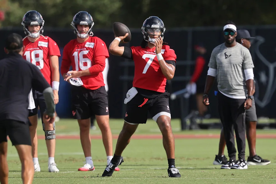 Jul 24, 2025; Houston, TX, USA; Houston Texans quarterback C.J. Stroud (7) during training camp at Houston Methodist Training Center. Mandatory Credit: Troy Taormina-Imagn Images